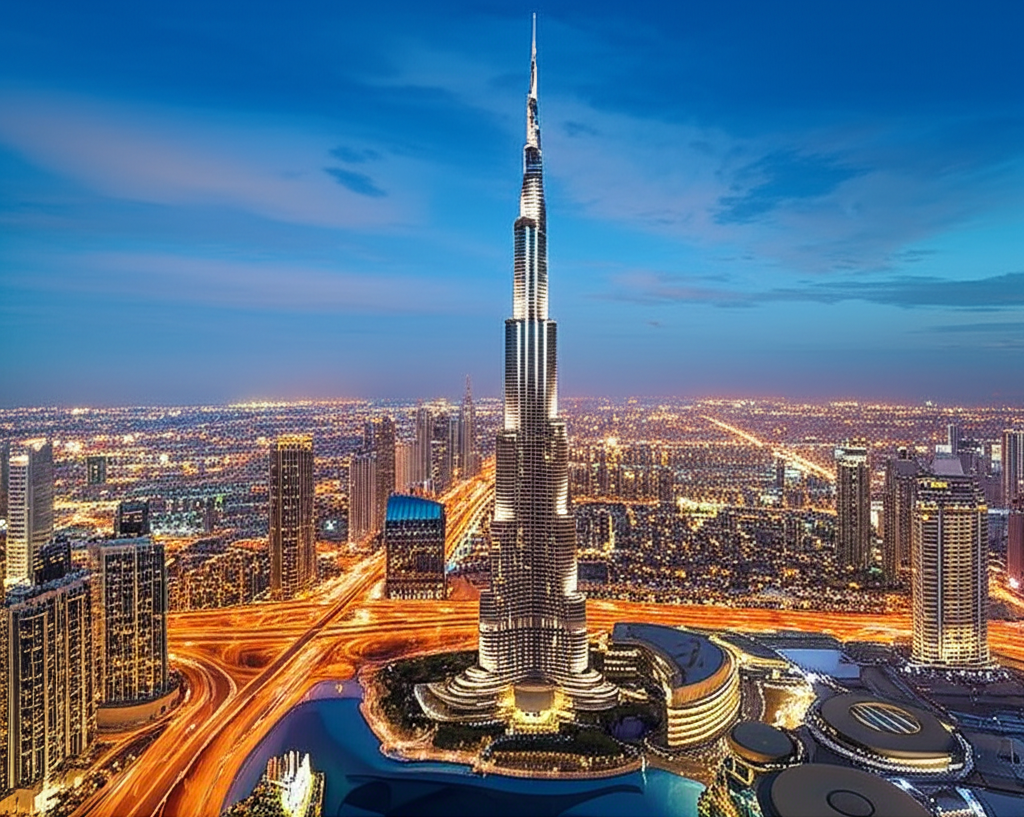 Dubai skyline featuring Burj Khalifa and modern skyscrapers against blue sky